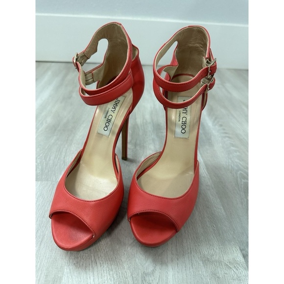 Jimmy Choo Pumps Womens Size 36 Red Leather Double Ankle Strap Open Toe - Picture 8 of 14